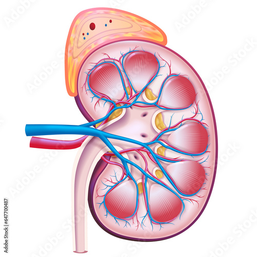 3D illustration, cross-section of human kidney and adrenal glands used in medicine, science, education, industry and commerce.