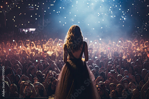 Back view of a beautiful female pop star singer giving music concert performance in a huge crowded stadium arena hall on a stage. AI Generative