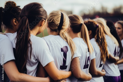 High school female soccer team players in a group.