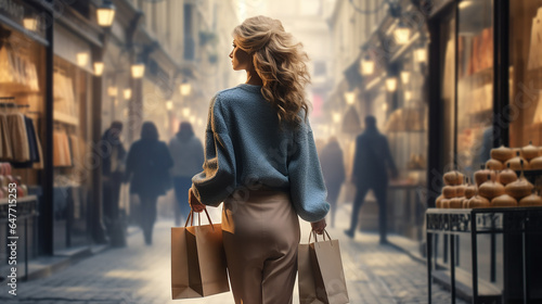 Mulher andando com sacolas de compras comprando roupas em lojas em uma rua de Paris, na França. senhora elegante com salto alto. por trás. perfeito para um anúncio
