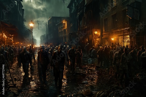 A dystopian apocalypse fantasy scene featuring a horde of menacing zombies slowly walking towards an uncertain target.Generated with AI