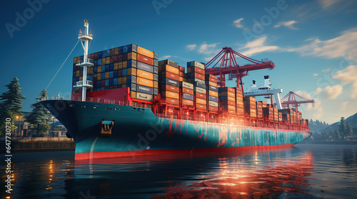 Rear view cargo container ship. Business logistic transportation sea freight, Cargo ship, Cargo container in deep sea port at industrial estate for import export around in the world.