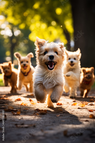 A joyful scene of puppies frolicking with their parent dogs spreading laughter and happiness in the park 