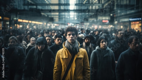 Young man on crowded street in movement standing out Concept of uniqueness