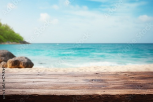 Empty brown wood podium. Wooden table top, front view, blurred sea background. Summer vacation empty scene for presentation product. Oak pedestal generated by AI