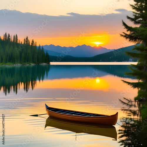 Empty canoe floating on a calm & quiet lake. Scenic sunset view is visible in the background - Generative AI