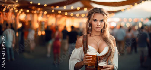 Oktoberfest Tradition. Waitress wearing traditional clothes and holding beers at the festival. Sunset. German culture and celebration concept. AI Generative 