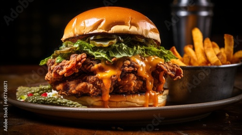 food photography cajun burger with collard greens and fried oysters, 16:9