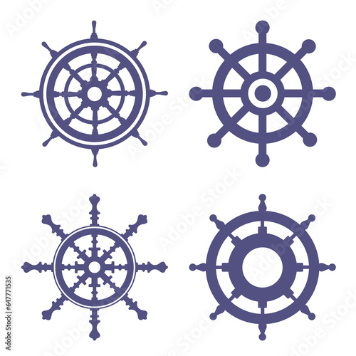 Silhouettes of sea helmsmen. A set of steering wheels