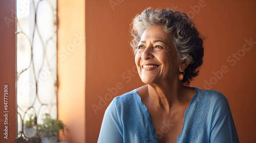 smiling portrait of a happy senior latin or mexican woman in a nursing home, Generative AI