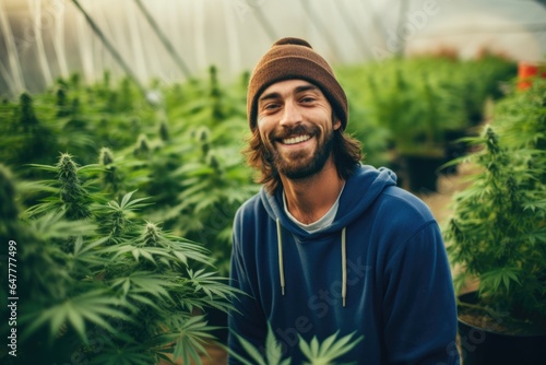 Young male caucasian weed farmer growing cannabis or marijuana indoors in a greenhouse