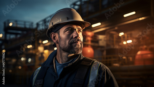 photograph of Engineer working at oil rig. wide angle lens realistic lighting white