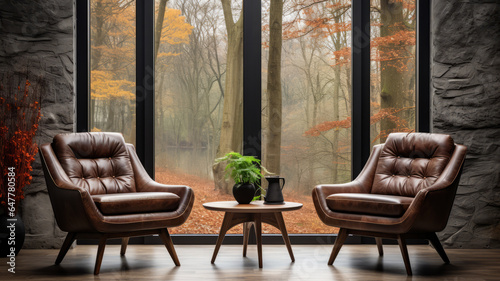 Two leather chair at wooden round coffee table in Mid-century home interior design of modern living room.generative ai