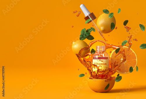 Medical and scientific concept, flying vitamin C bottles, drops in a dropper, pipette, oranges, juice splashes, yellow background, 3D rendering