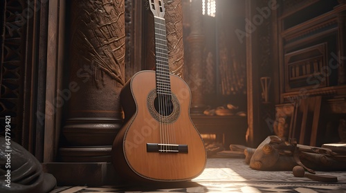 une guitare acoustique dans un temple oriental, généré par IA