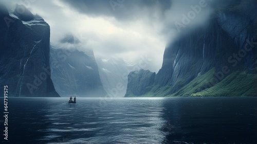 a dramatic and steep-sided fjord carved by glacial activity, with towering cliffs and pristine waters reflecting the sky