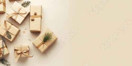 Natural color Christmas gift boxes on beige background, eco friendly trendy zero waste packaging flat lay top view banner, Generative AI 