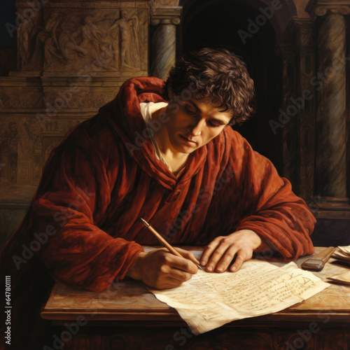 illustration of a Gregorian man in red suit writing