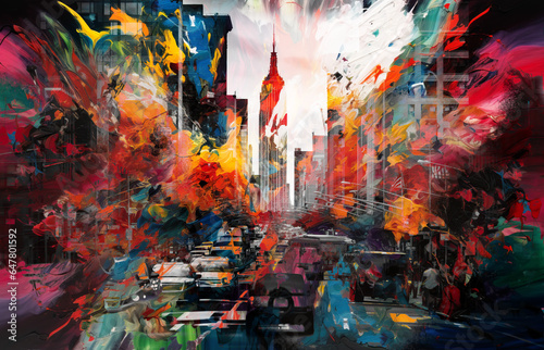Abstract colourful noisy painting of New York City with busy street and tall buildings, vibrant emotion of the city
