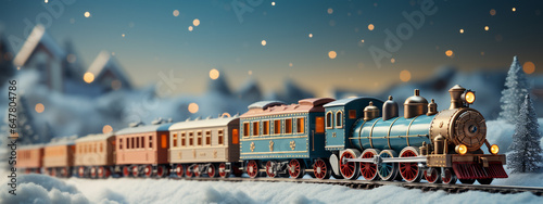 Toy vintage locomotive in the snow forest. Steam train rides among the snowy landscape. Cartoon Illustration. Banner. Copy spase. Christmas and New year celebration concept, background.