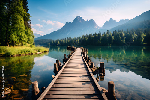 Colorful summer view of Fusine lake. Bright morning scene of Julian Alps with Mangart peak on background, Province of Udine, Italy, Europe. Traveling concept background