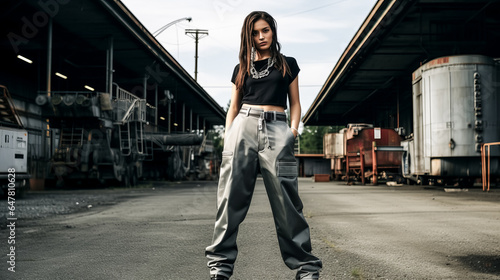She stands confidently, sporting a unique 90s-inspired ensemble comprised of cargo pants and a platform shoe.