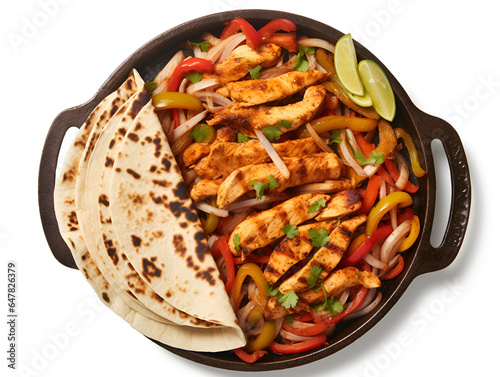 Top view of delicious chicken fajitas in a pan with corn tortillas, isolated on white background