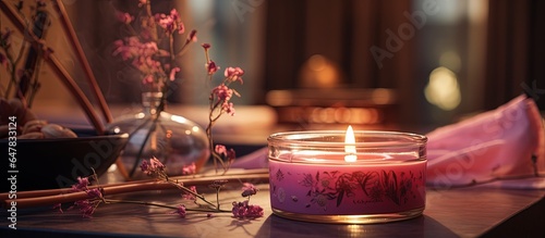 Place incense sticks next to bathtub by lighting scented candle on table