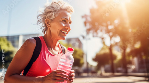 Senior fitness woman drinking water bottle outdoors after training, running workout and exercise in neighborhood street. Thirsty elderly lady runner hydration rest for cardio wellness or marathon jog