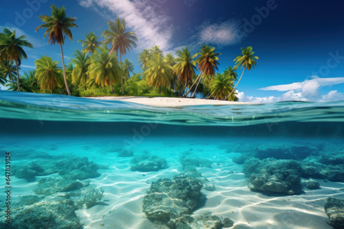 Tropical island with coconut palms and underwater coral reef. Split view with waterline.