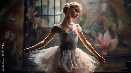 Graceful gentle classical ballet little female dancer ballerina in pink tutu. Beautiful girl listens to classical music and gets ready to dance.