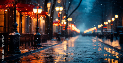 Night snowy Christmas American city Boston, New Year holiday, blurred background - AI generated image