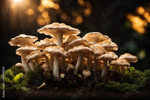 Group of oyster mushrooms on black background. ai generative
