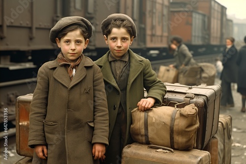 very sad Jewish children with old luggage on the train