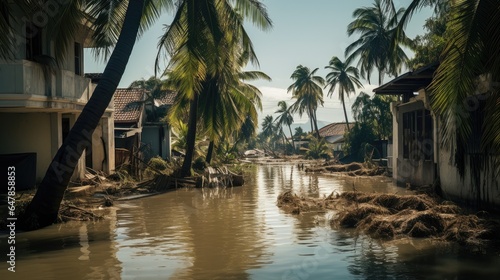 Flooded village with a damaged car, damaged houses, rubble and mud on the street.