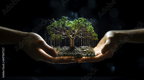 two hands hold a computer circuit chip board with the tree concept of green computing, green technology, green IT, and IT ethics.