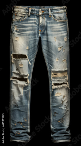 A photograph presenting a stunning pair of custom jeans, artfully distressed with strategic whiskering and fading to achieve a vintageinspired look.