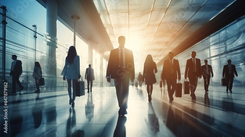 business people walking in the modern corridor office building and sun light