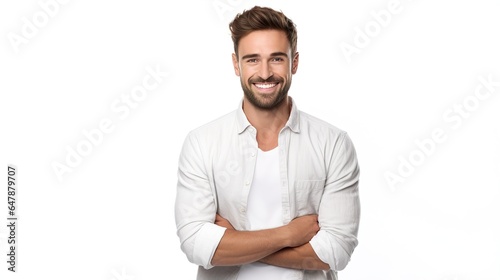 portrait of a handsome man looking at camera on white background. smart businessman success. generative ai