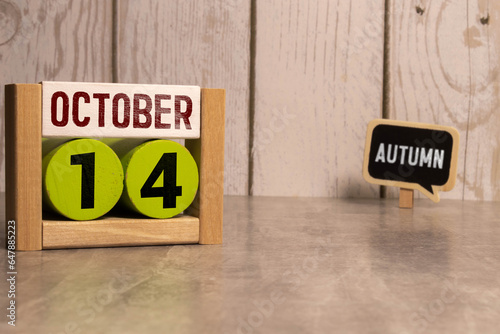 October 14 calendar date text on wooden blocks with copy space for ideas or text. Copy space and calendar concept