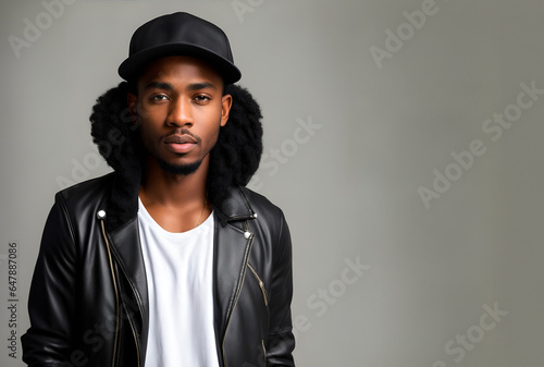 Stylish rapper in leather jacket and baseball cap