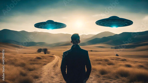 Back View of Man Gazing at UFO Alien Invasion in the Sky, Astonishing Extraterrestrial Sighting Concept, Science Fiction.