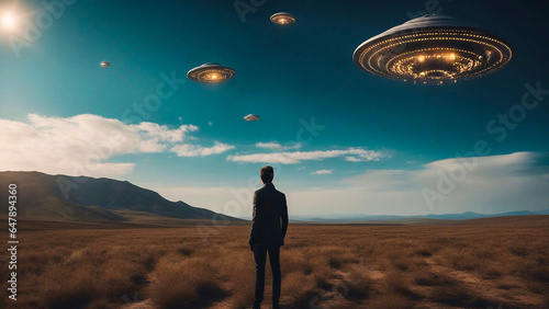 Man's Back View Witnessing an Alien Invasion in the Sky. Breathtaking Sci-Fi Photo.