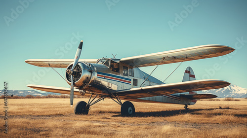 Vintage airplane parked on a grassy airfield, set against a backdrop of clear skies