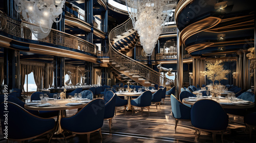 Luxury yacht interior featuring a grand dining area with crystal chandeliers and opulent furnishings