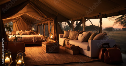 Luxury safari tent set up in the wilderness, complete with plush furnishings and a private view of the savanna