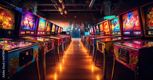 Row of classic pinball machines in an arcade, featuring vintage designs and colorful lights