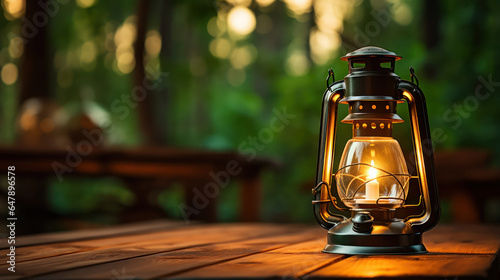 Camping lantern illuminating a rustic wooden table