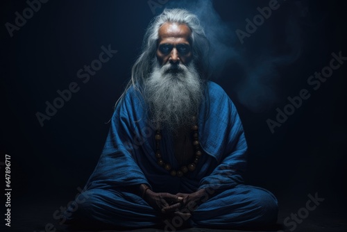 Portrait of beard old man meditating on blue background with fire flame. Senior person in hood doing yoga.