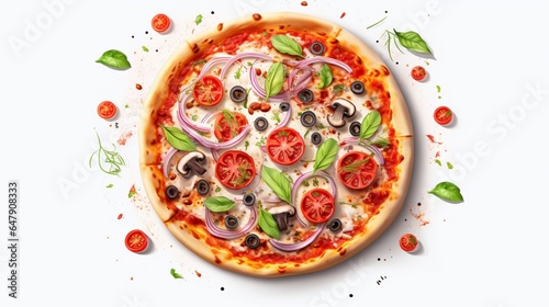 Create a lifelike pizza, complete with mouthwatering details, on a clean white solid canvas background.